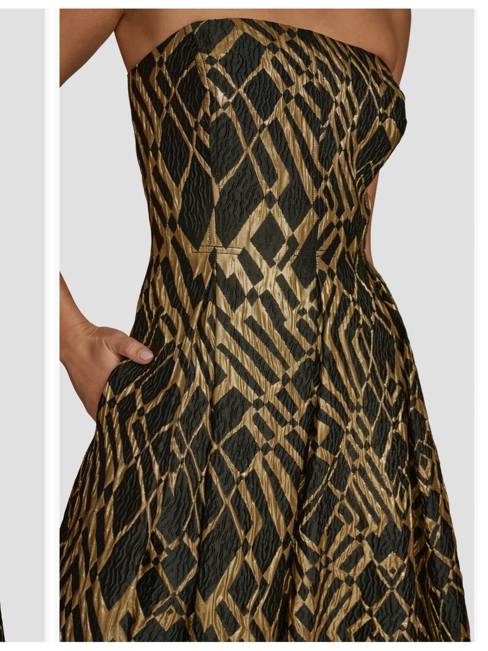 Donna Karan Strapless Jacquard Black and Gold Patterned Fit-and-Flare Dress - Picture 6 of 6